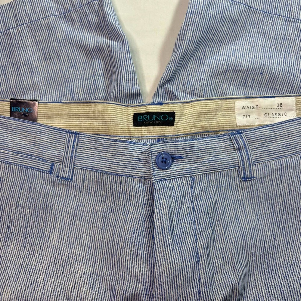 Bruno Men 38 Seersucker Shorts Blue White Stripe Resort Summer Prep Flat Front